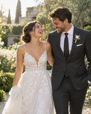 Sample photo: Newlywed couple laughing in a garden. Generated stand-in.